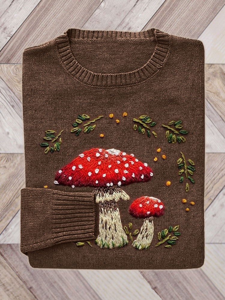 Forest Mushroom Embroidery Art Cozy Knit Sweater