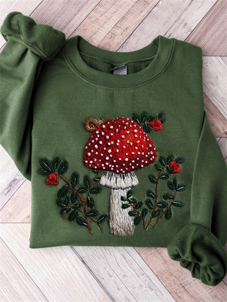 Forest Fresh Mushroom Embroidery Art Comfy Sweatshirt