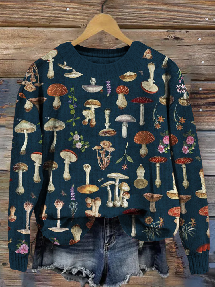 Various Mushrooms Pattern Vintage Comfy Sweater