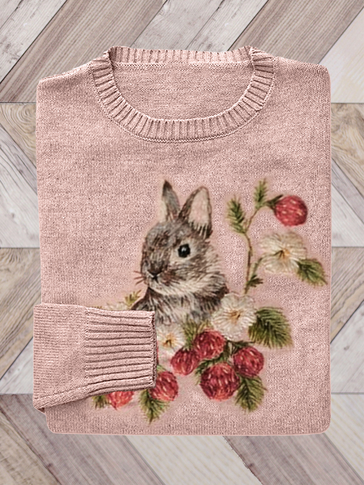 Hare behind Strawberry Embroidery Art Knit Sweater