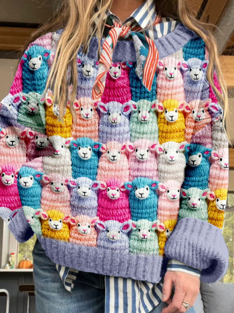 Cute Farm Pastel Sheep Embroidery Art Cozy Pullover Sweater