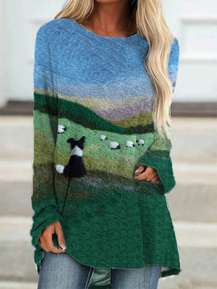 Border Collie & Sheep Landscape Felt Art A Line T Shirt