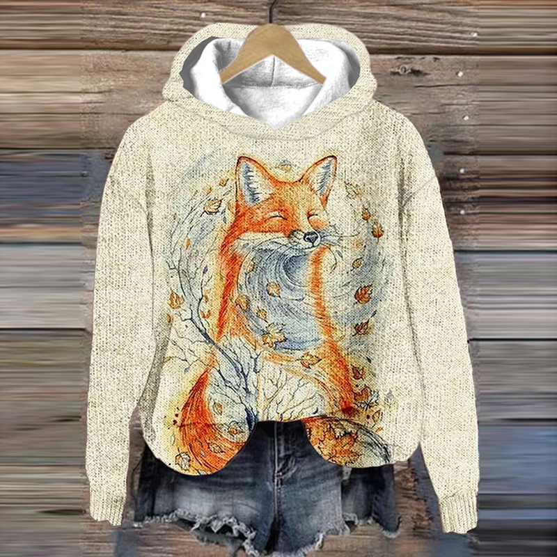Women's Fox And Maple Leaf Comfy Casual Print Hoodie