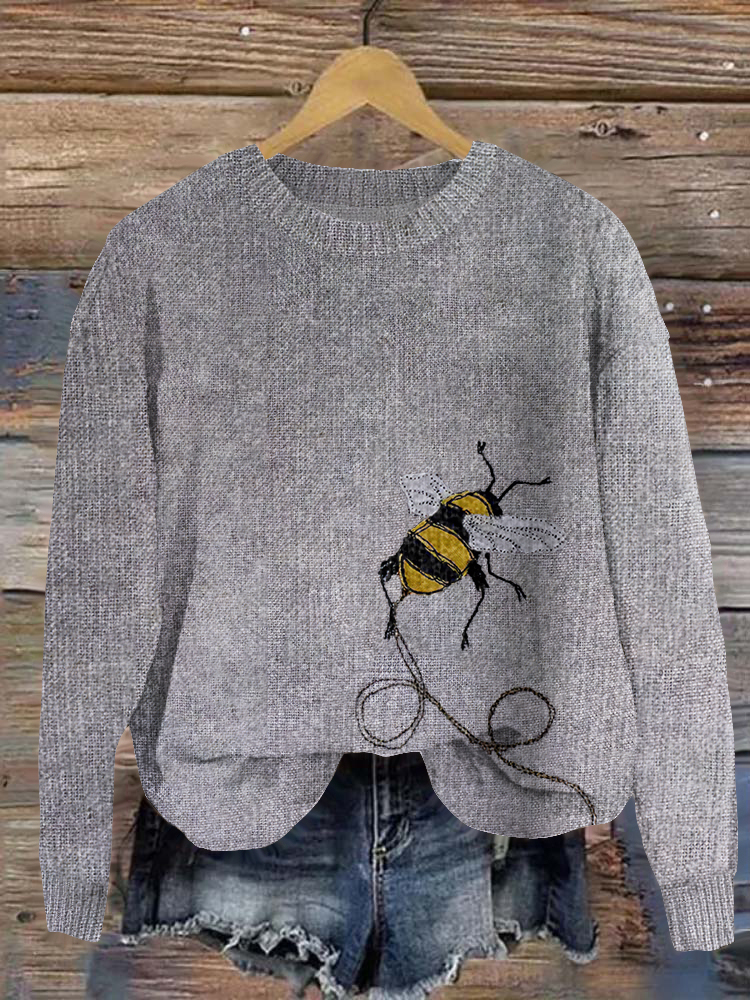 Fun Bee Knit Art Cozy Crew Neck Sweater