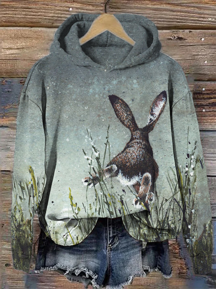 Easter Running Bunny Print Hooded Sweatshirt