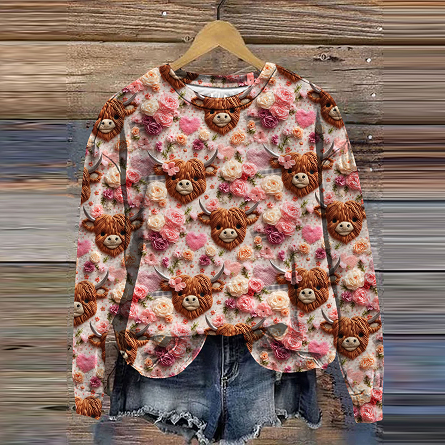 Highland Cow Floral Print Crew Neck Sweatshirt