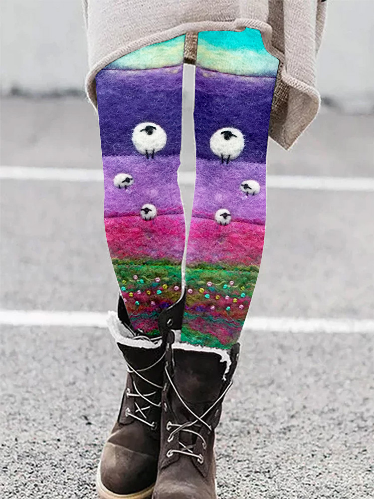 Sheep with Purple Landscape Hills Felt Art Cozy Leggings