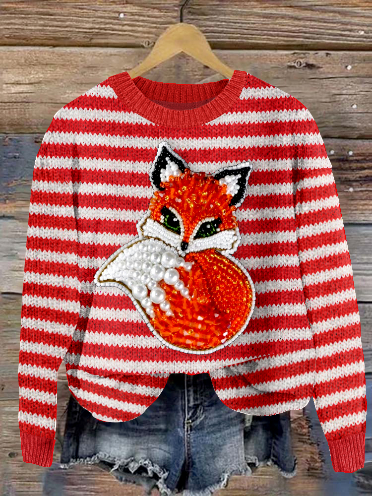 Stylish Striped Fox Jewelry Art Cozy Knitted Sweater
