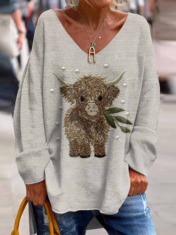Highland Cow Print V-Neck Long Sleeved Loose T-Shirt