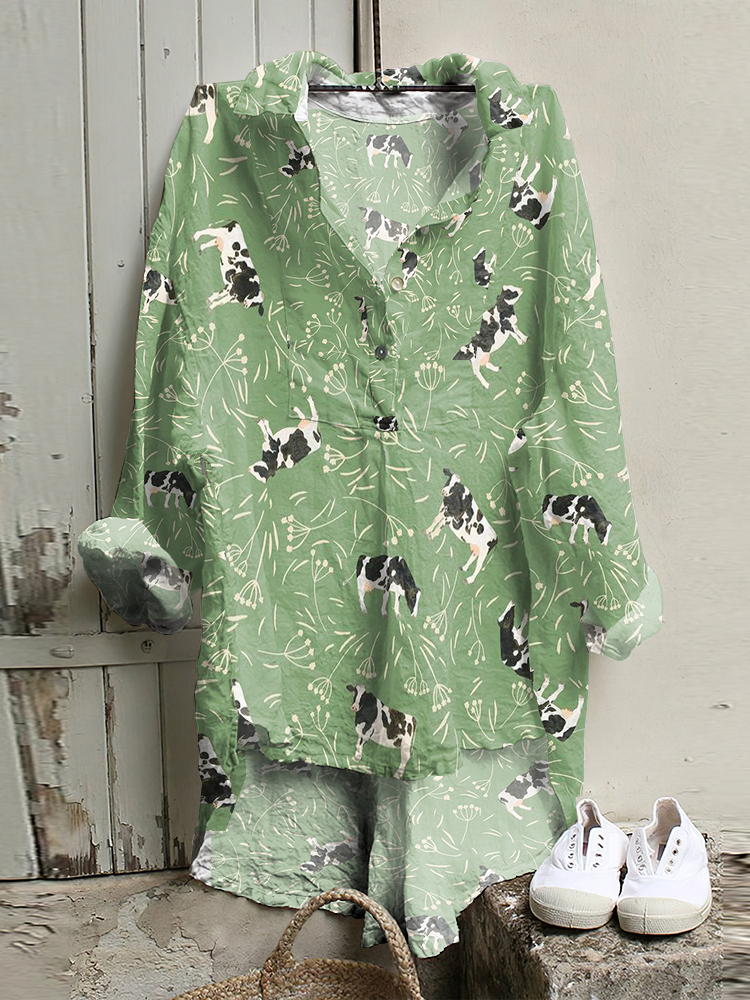 Casual Farm Cow Meadow Printed Short Front And Long Back Shirt