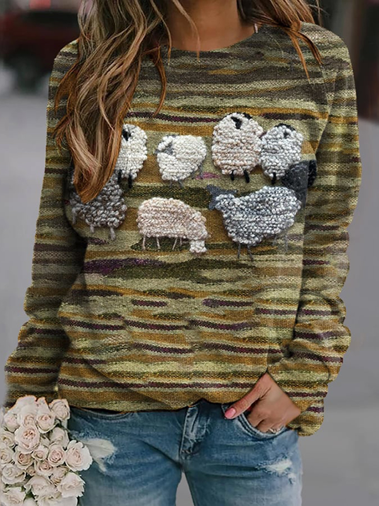 Sheep Print Crew Neck Long Sleeve Sweatshirt