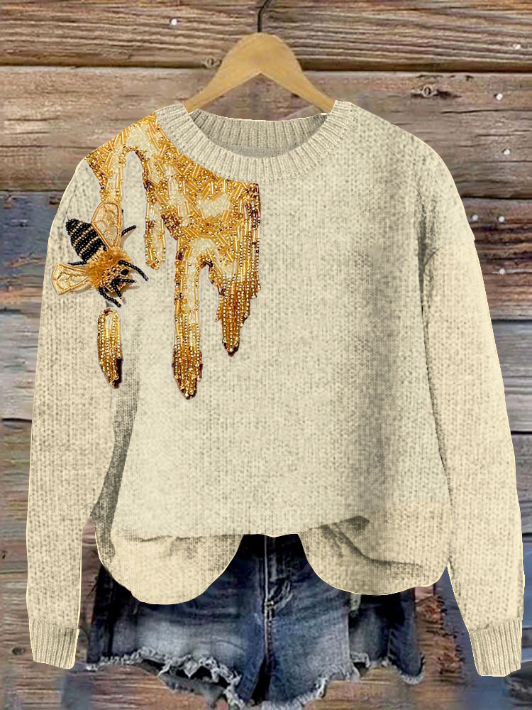 Honey And Bees Embroidery Art Cozy Knit Sweater