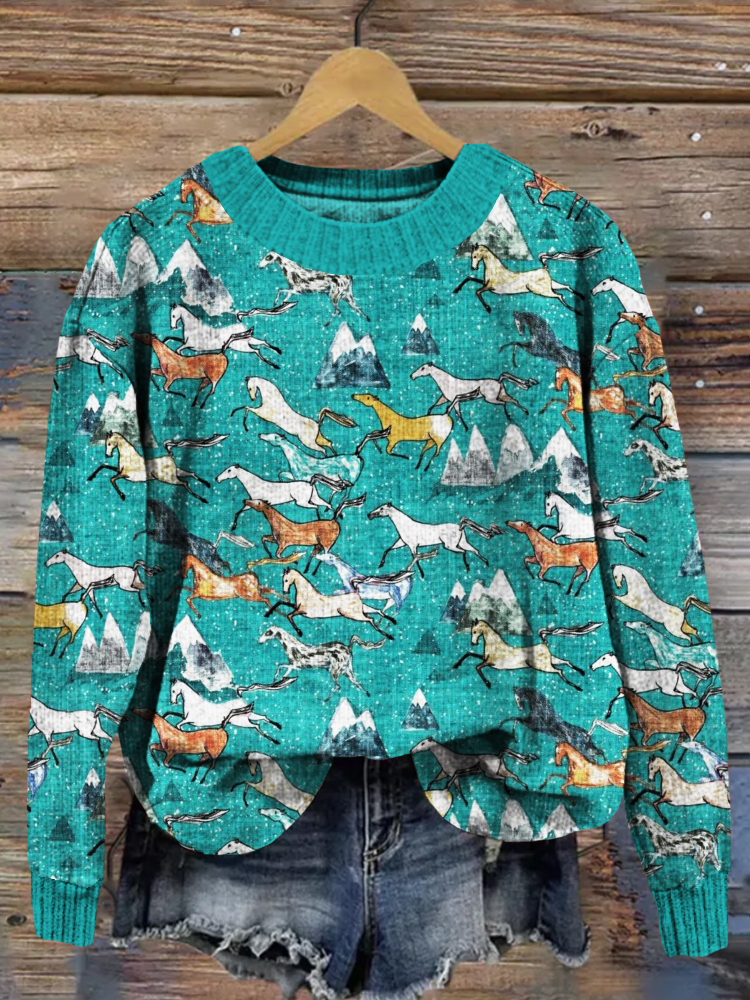 Running Horses Pattern Vintage Cozy Knit Sweater