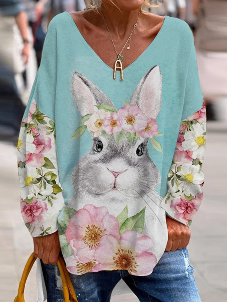 Women's Farm Floral Bunny Print V-Neck Slit Top