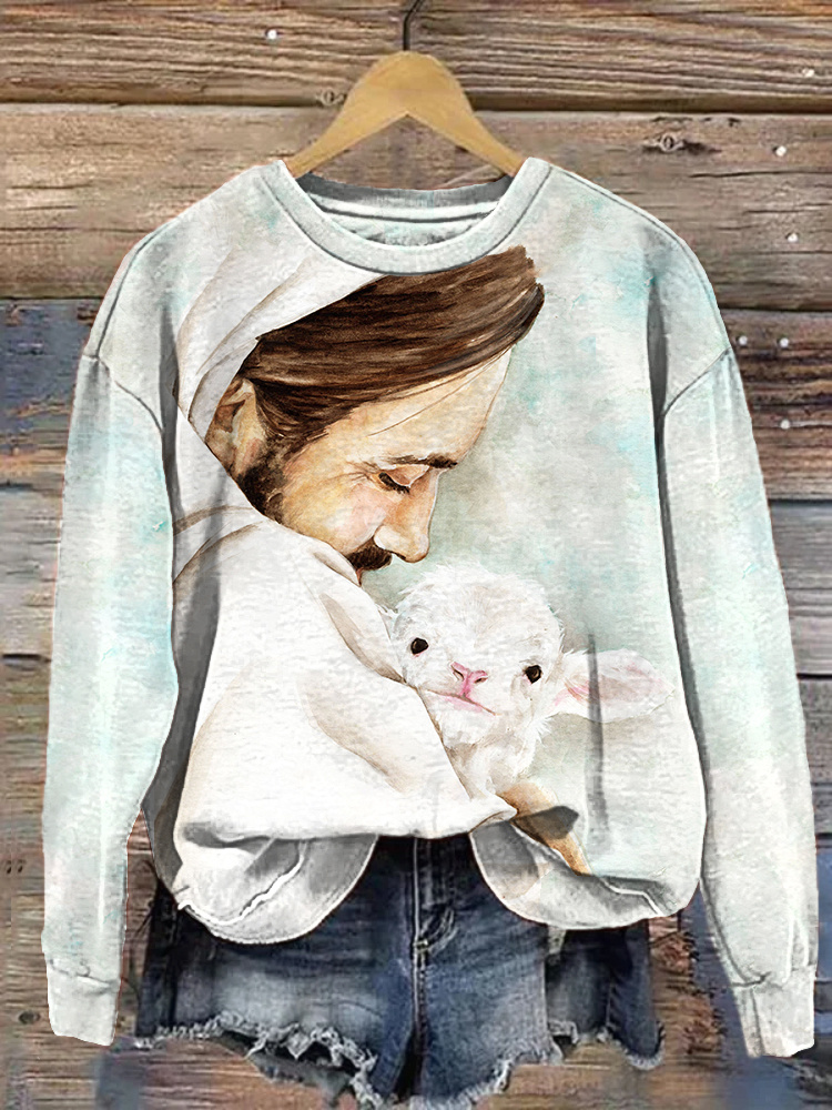 Watercolor Jesus Lamb Print Casual Cozy Sweatshirt