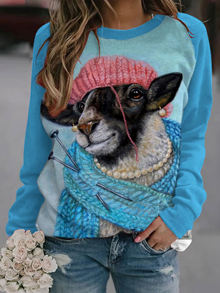 Winter Sheep Print Round Neck Sweatshirt