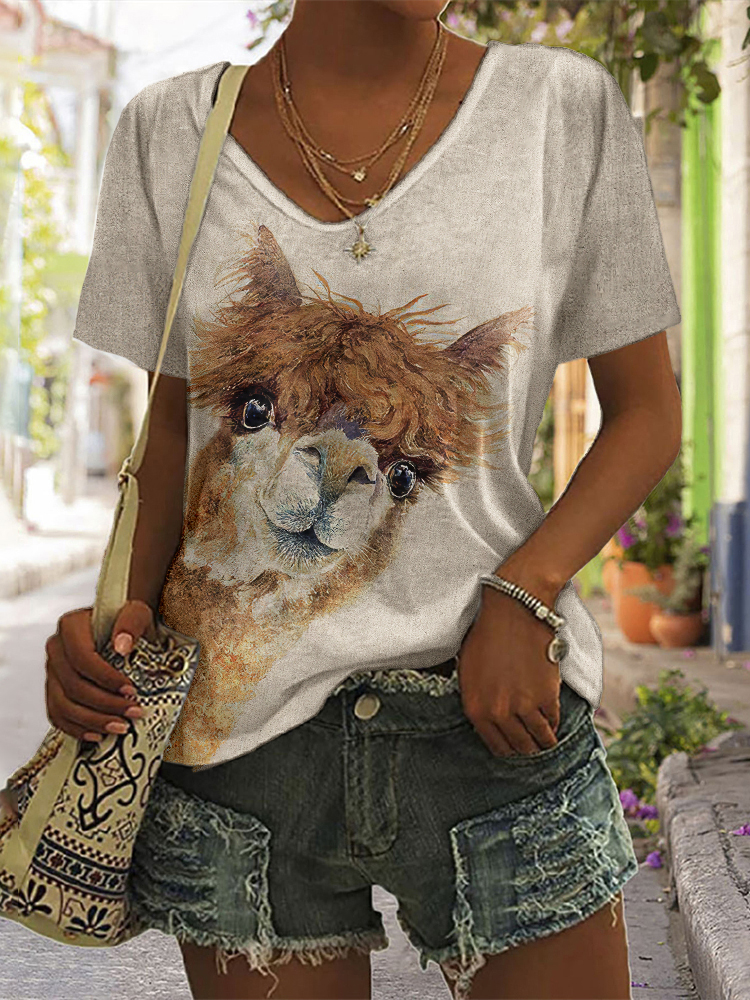Alpaca Print V-Neck Short Sleeved T-Shirt