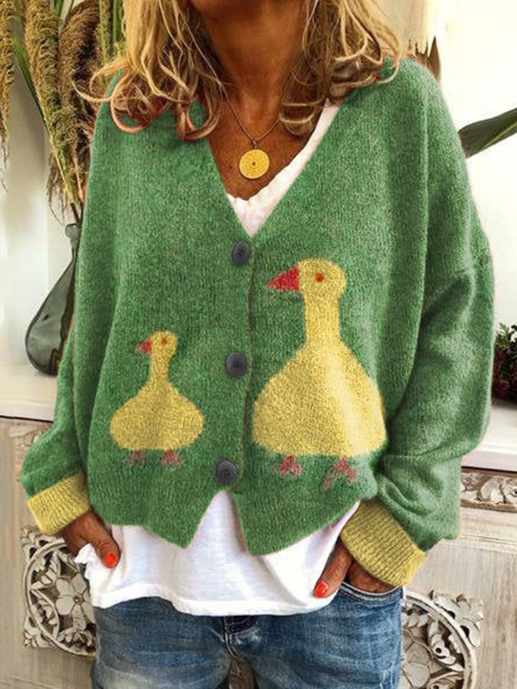 Cute Ducks Print Casual Knitted Cardigan