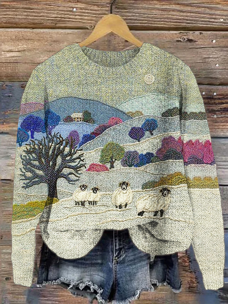 Field & Sheep Pattern Cozy Knit Sweater