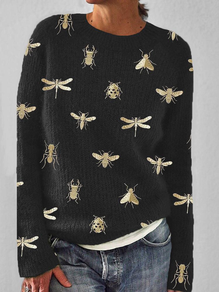 Golden Insects Embroidery Cozy Knit Sweater