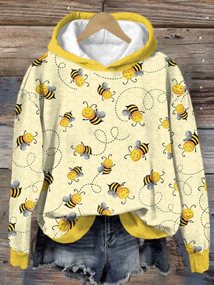 Bee Print Long Sleeve Casual Hoodie