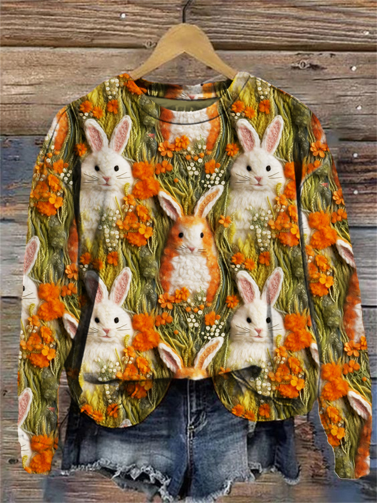 Easter Bunnies & Flower Print Crew Neck Sweatshirt