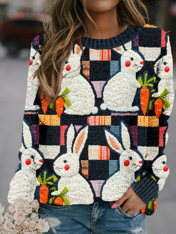 Checkered Easter Bunnies and Carrots Cozy Sweater