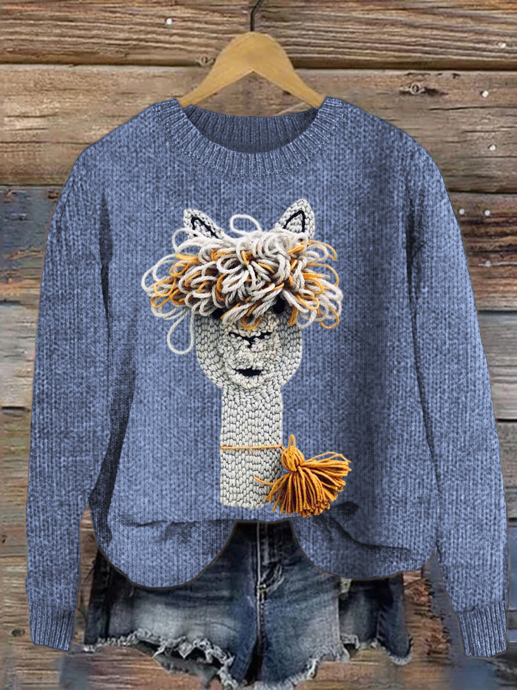 Fringed Alpaca Farm Animal Knit Pattern Cozy Sweater