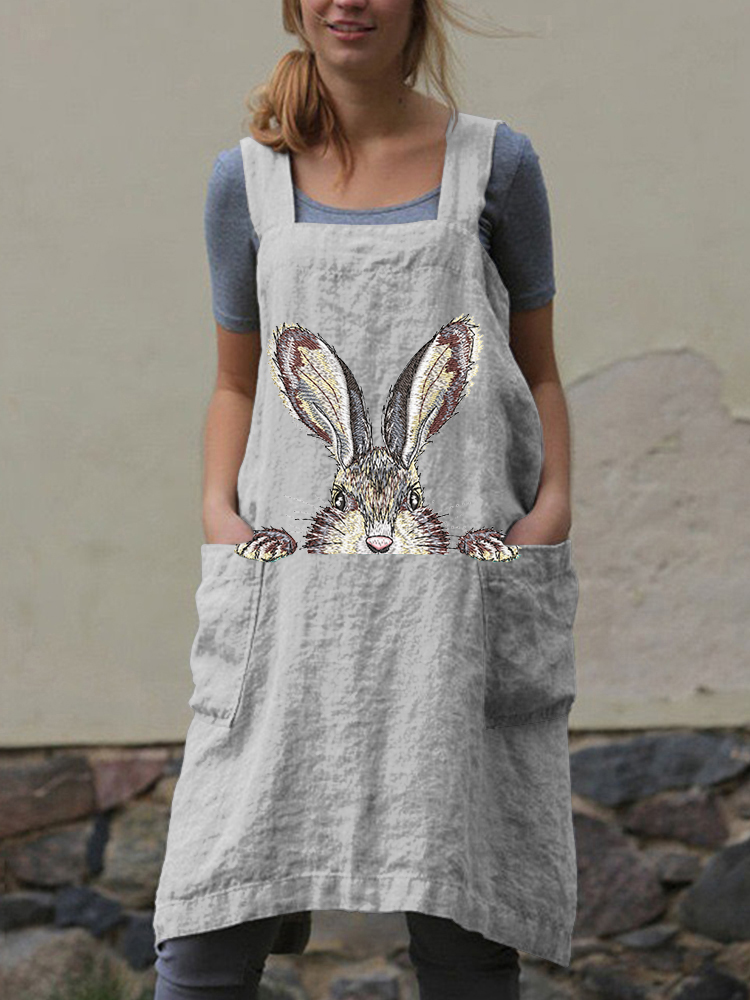 Women'S Funny Bunny And Radish Print Apron Dress