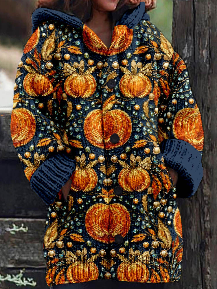 Sequin Pumpkin Embroidery Art Cozy Knit Cardigan