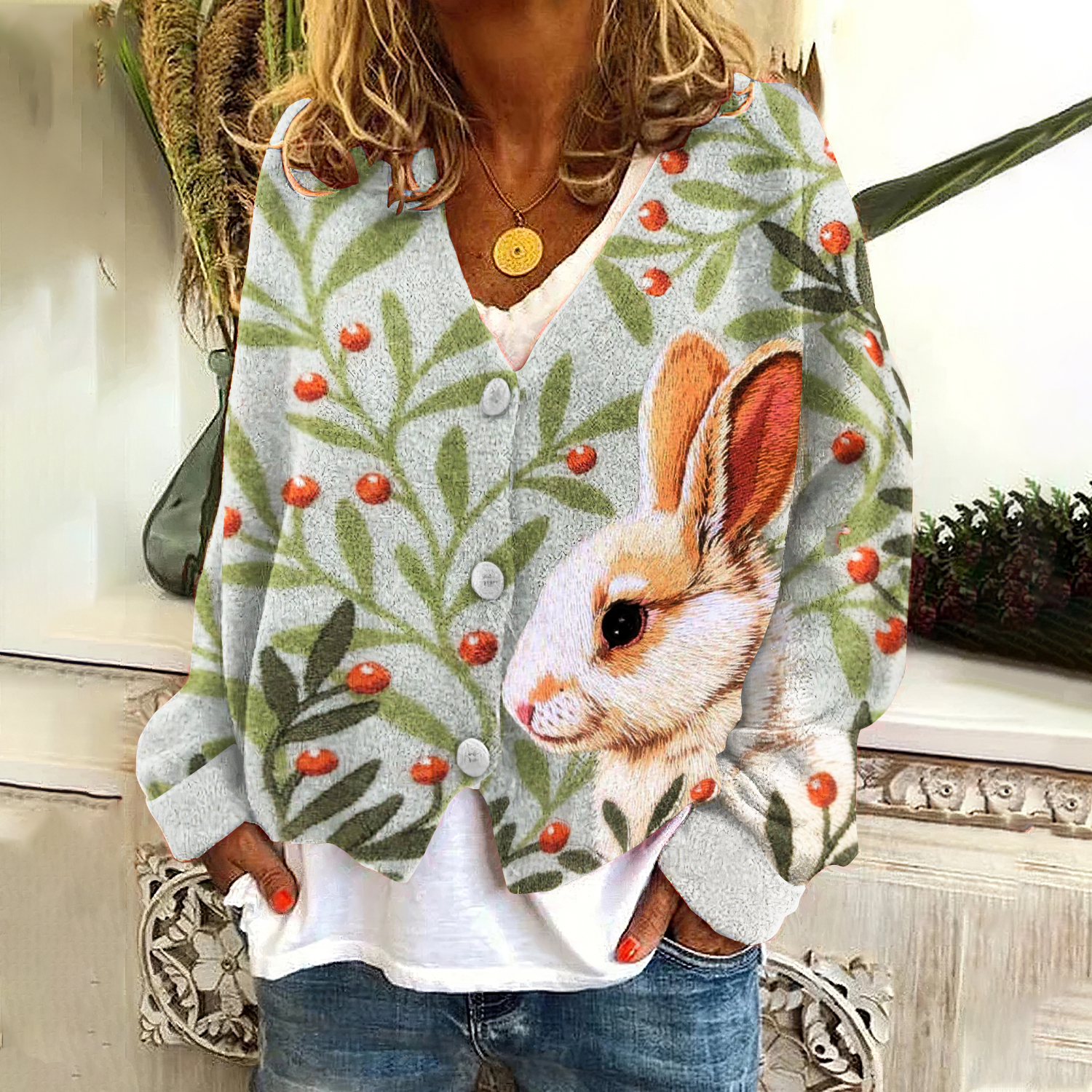 Cute Bunny Botanical Embroidery Art Cozy Knitted Cardigan