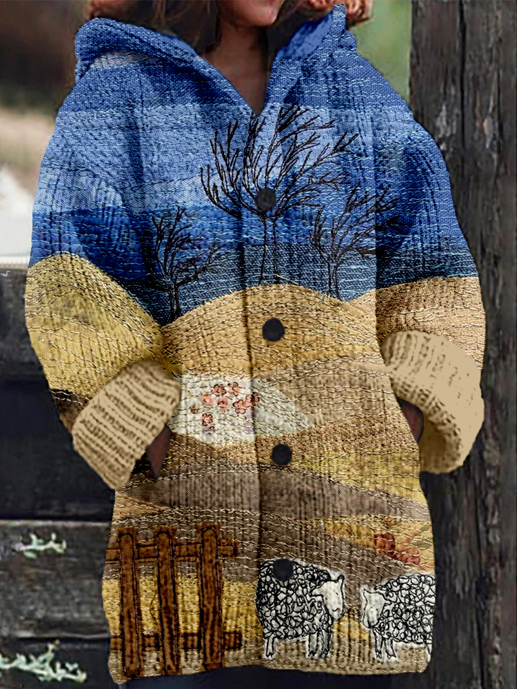Vintage Farm Landscape Embroidery Art Cozy Hooded Cardigan