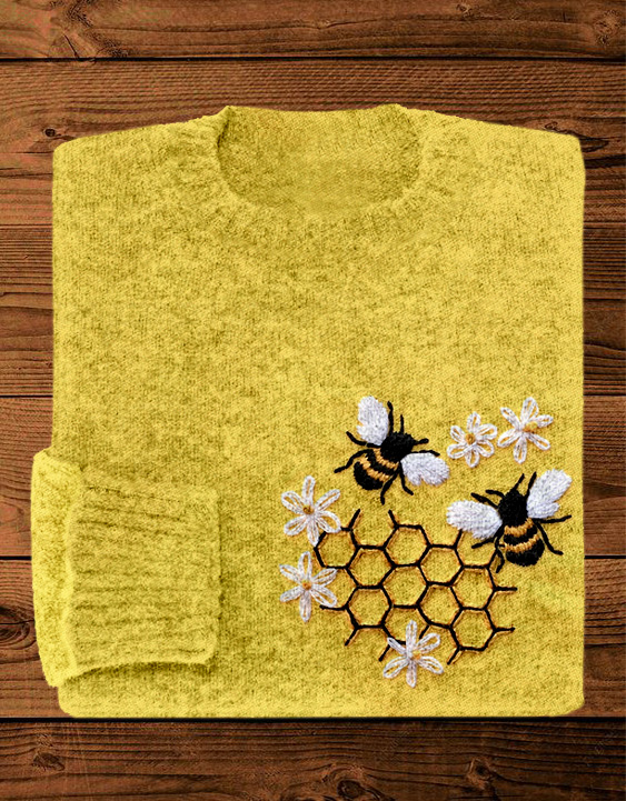 Bees in Honeycomb Embroidery Vintage Comfy Sweater