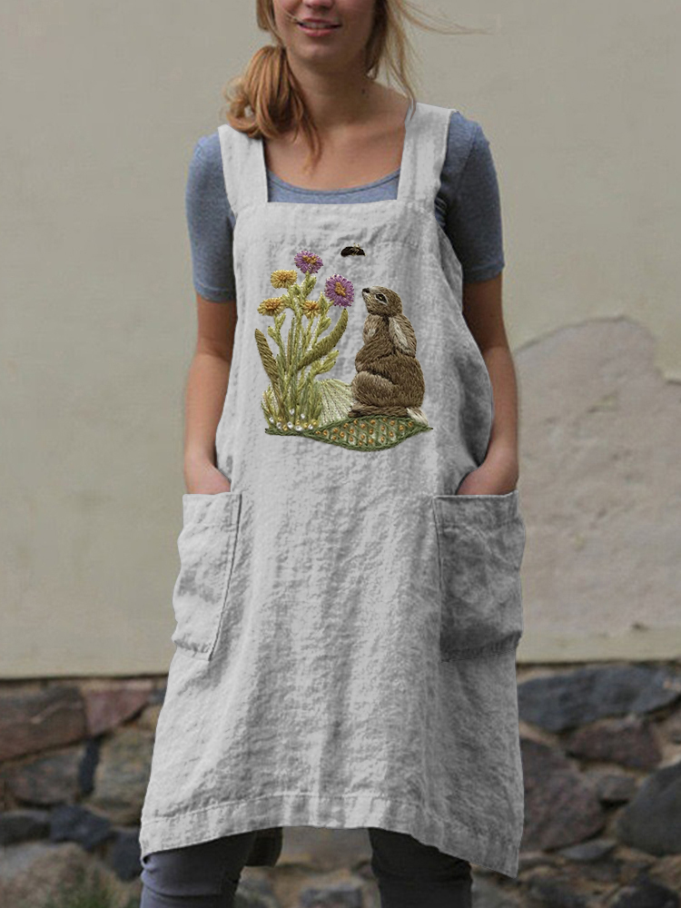 Women'S Cute Bunny And Radish Print Apron Dress