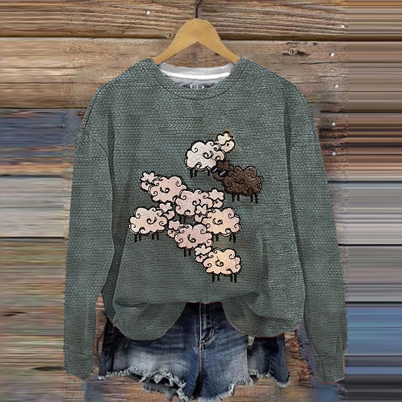 Sheep Print Crew Neck Long Sleeve Sweatshirt