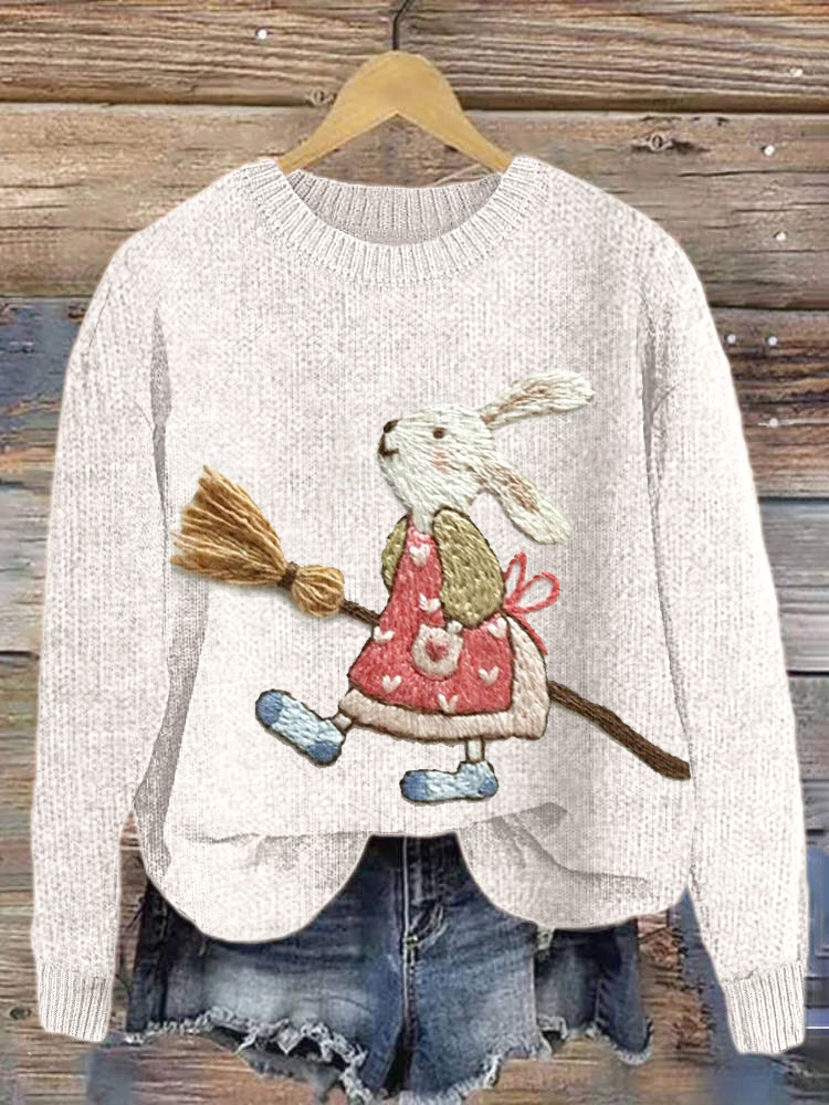 Cute Bunny Embroidery Art Cozy knit Sweater