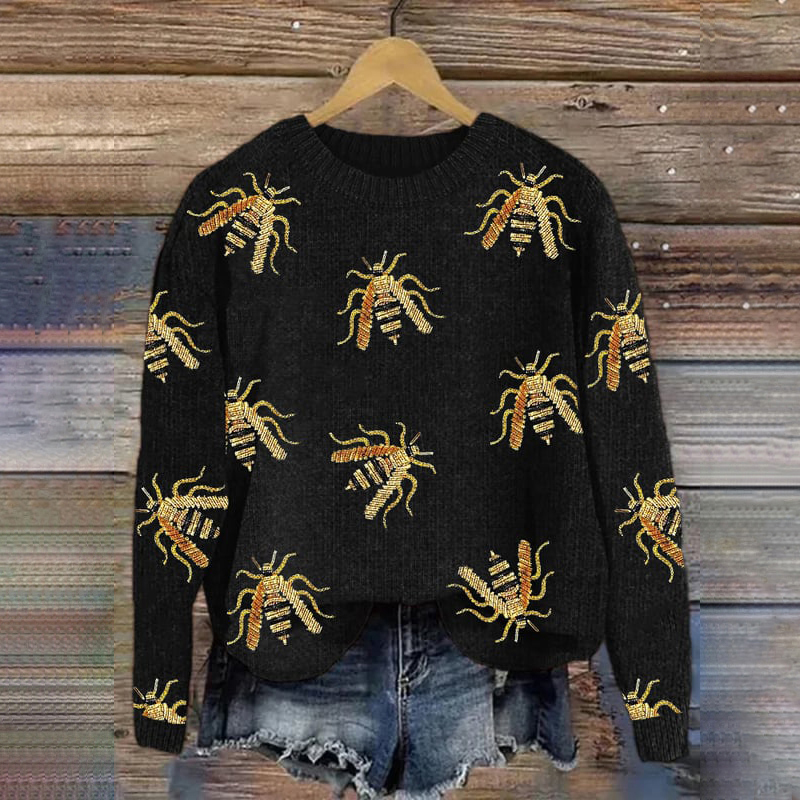 Bee Print Casual Knitted Pullover Sweater