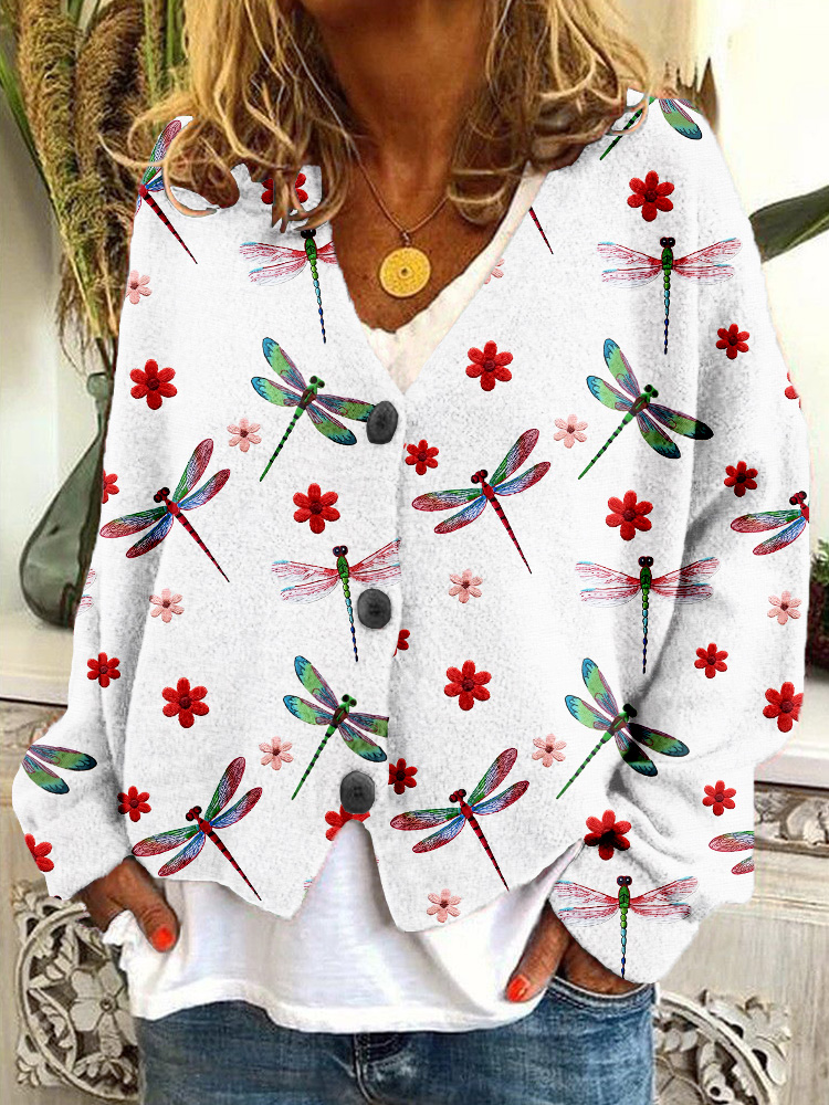 Dragonfly and Floral Embroidery Cozy Knit Cardigan