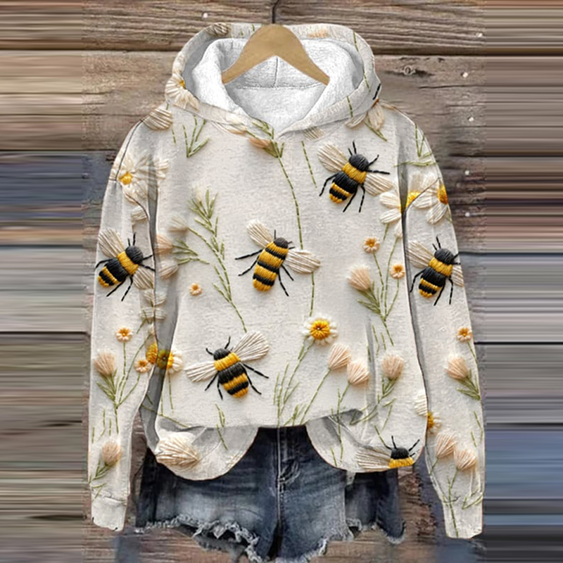 Daisy Bee Embroidery Art Print Casual Hoodie