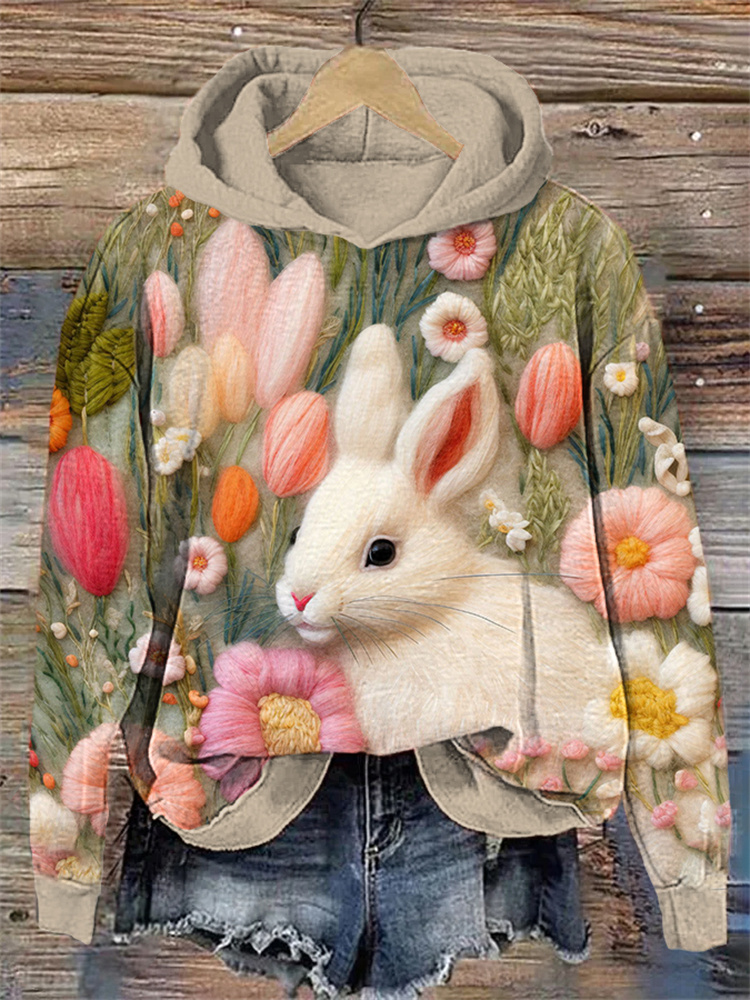 Bunny & Flowers Felt Art Casual Cozy Hoodie