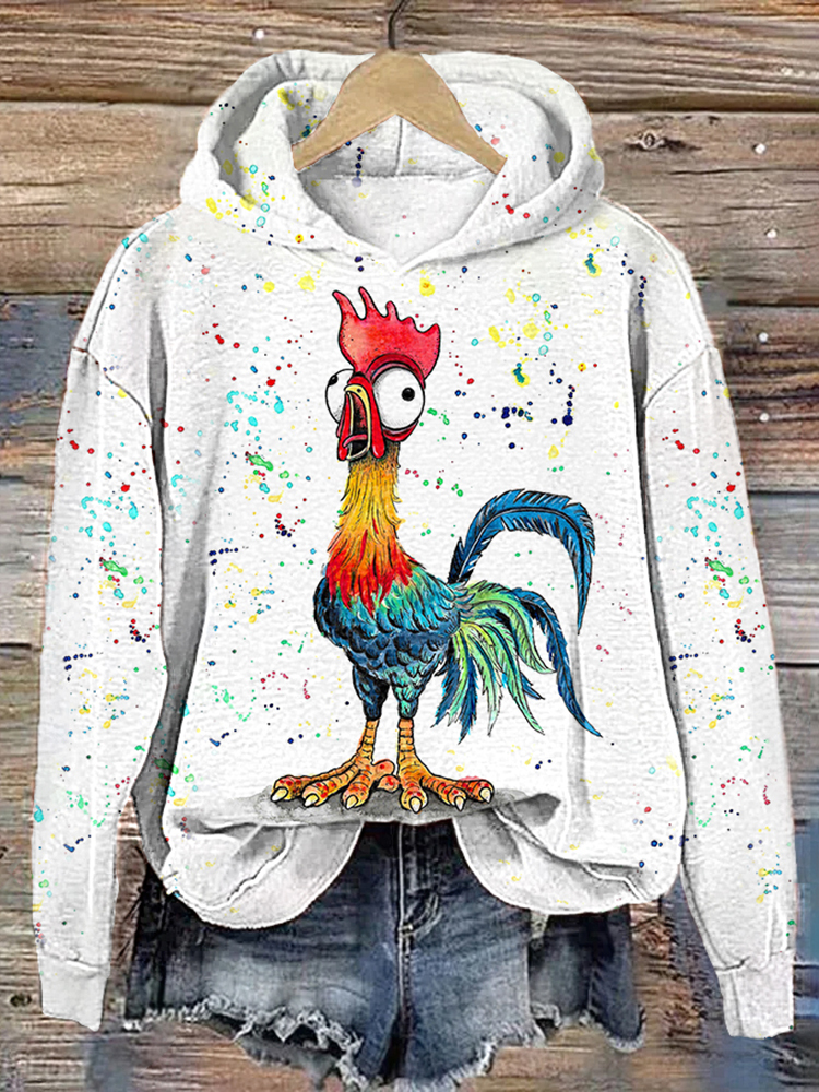 Funny Rooster Watercolor Art Painting Casual Cozy Hoodie