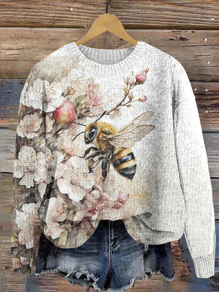 Bee Flower Print Knitted Sweater