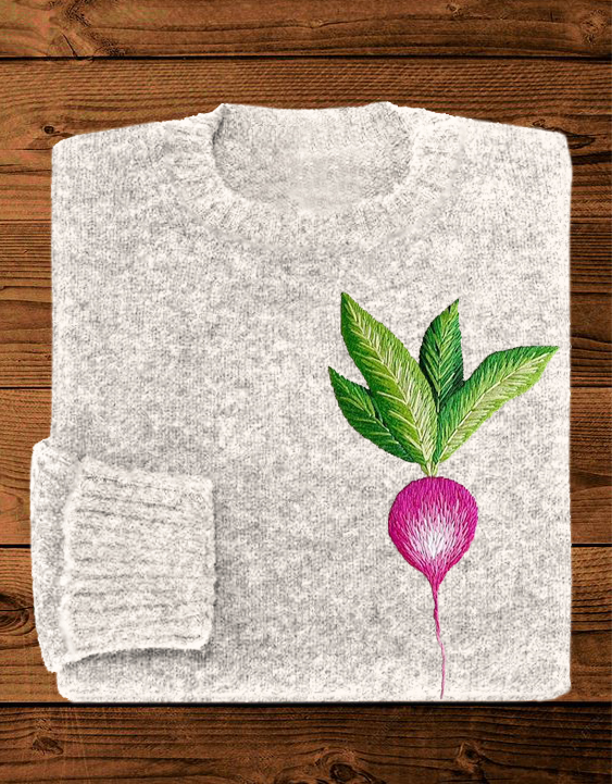Radish Embroidery Pattern Cozy Crew Neck Sweater