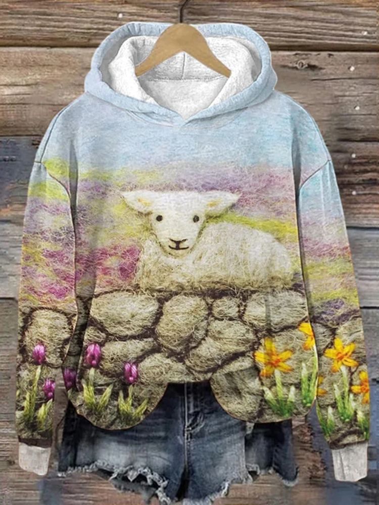 Women's Fluffy Sheep Pattern Printed Casual Hoodie