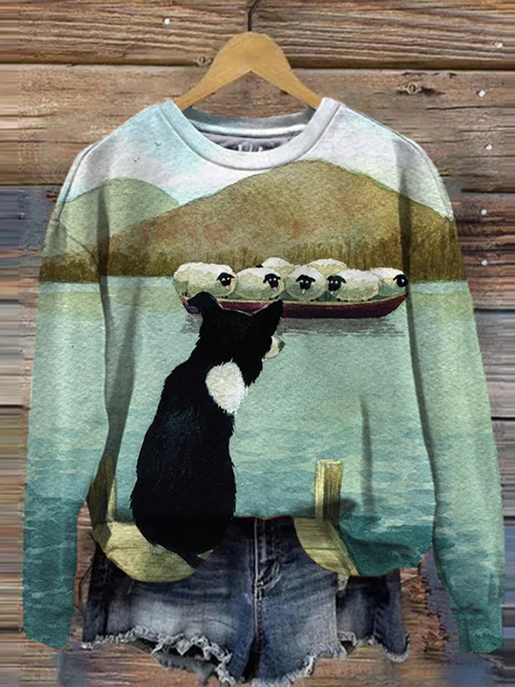Women'S Collie And Sheep Print Casual Round Neck Sweatshirt