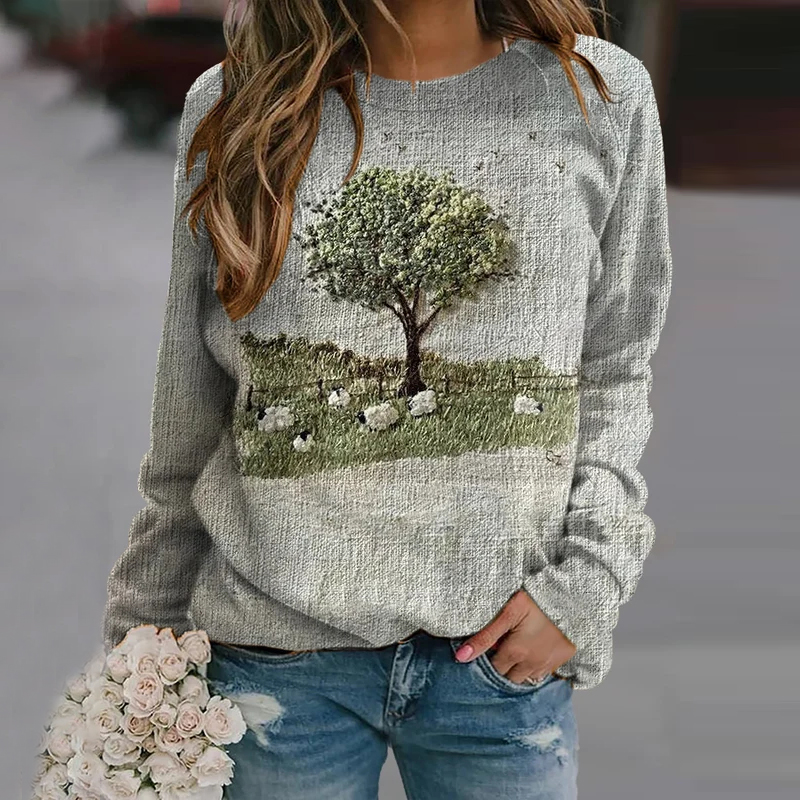 Retro Sheep Tree Meadow Print Sweatshirt