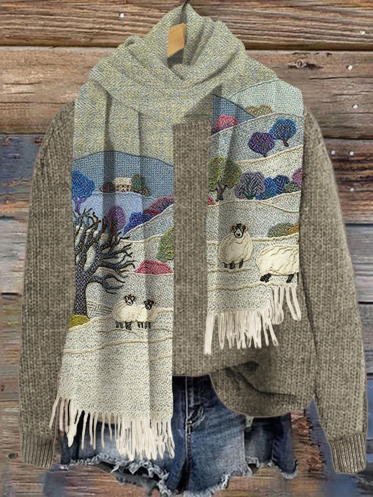 Field & Sheep Pattern Cozy Scarf