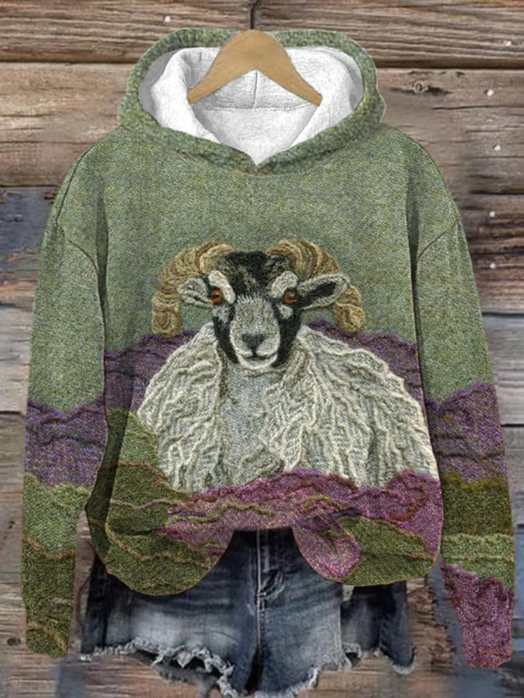 Vintage Sheep Print Casual Hoodie