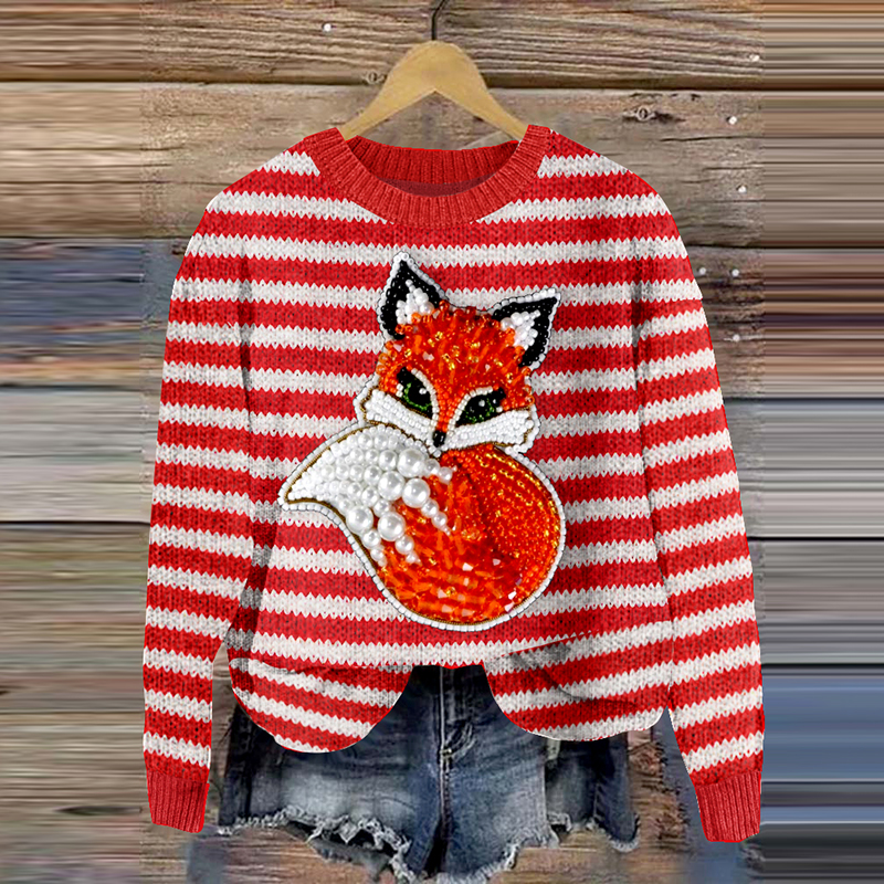 Stylish Striped Fox Jewelry Art Cozy Knitted Sweater