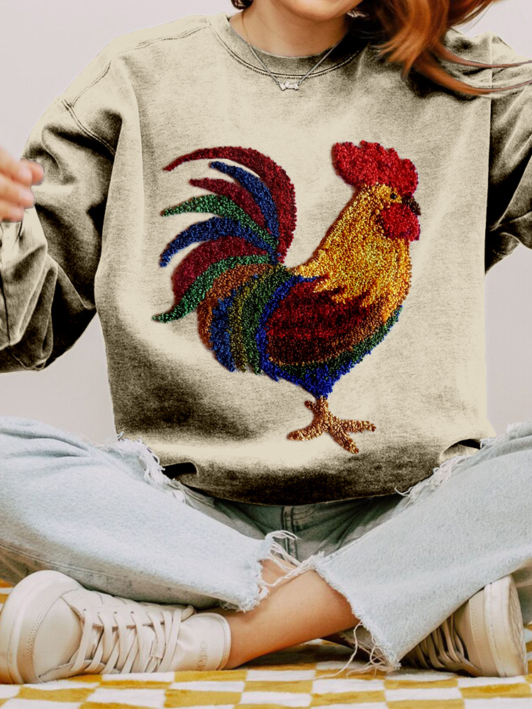 Fluffy Chicken Embroidery Art Vintage Cozy Sweatshirt